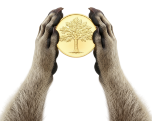raccoon paws hold a large, shiny gold coin with a decorative tree symbol