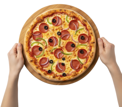human hands hold a pepperoni and olive pizza on a round wooden serving board