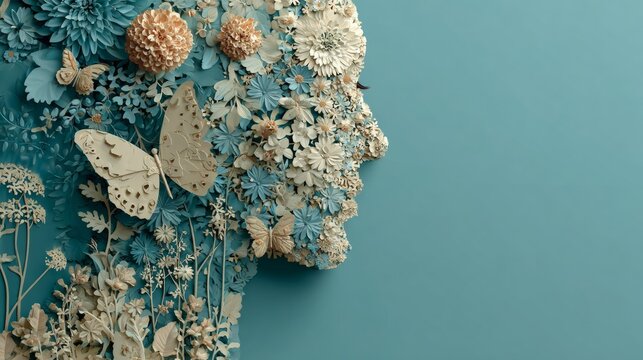 A profile of a woman's face with flowers