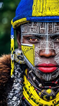 Close Up of a Woman Wearing Traditional African Body Paint and Beaded Headdress