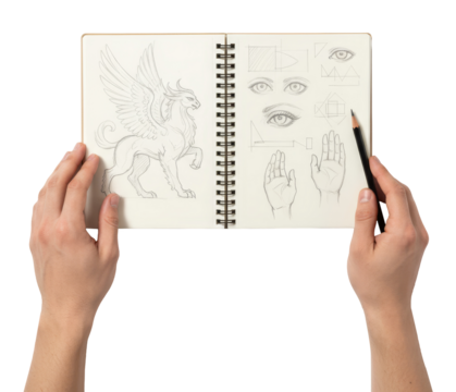 hands hold an open sketchbook with pencil drawings of a griffin and eyes