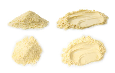 Protein powder. A scoop of protein powder isolated on a white background. Different flavors of whey protein powder. Sports nutrition concept. Gym. Amino acid food supplement, creatine powder. 