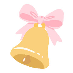 Golden bell with pink bow illustration pastel coquette Christmas clipart kawaii holiday decor art hand drawn festive element for cards and invitations