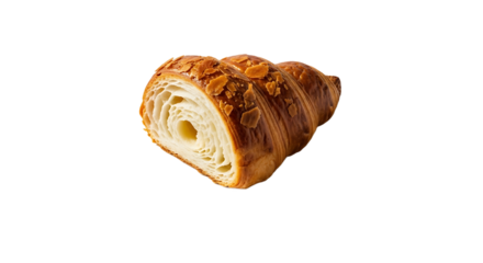 Golden Brown Almond Croissant Cut in Half Revealing Flaky Layers on Black Background