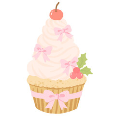 Cute Christmas cupcake with pink bows pastel coquette dessert illustration kawaii holiday bakery art hand drawn element for cards stickers and crafts