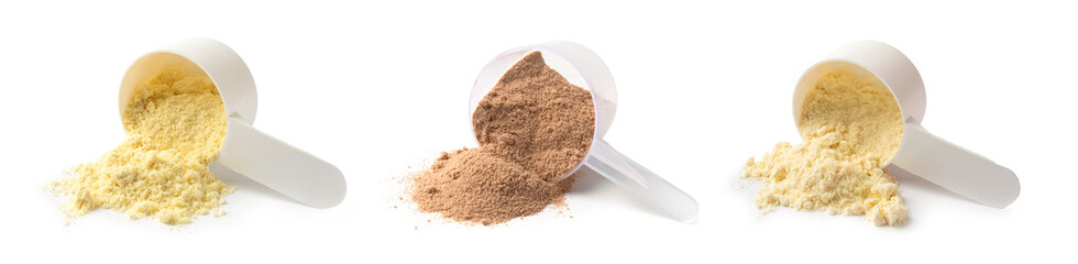 Protein powder. A scoop of protein powder isolated on a white background. Different flavors of whey protein powder. Sports nutrition concept. Gym. Amino acid food supplement, creatine powder. 