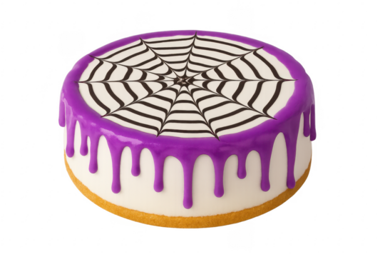 Halloween cake with purple icing and spiderweb design