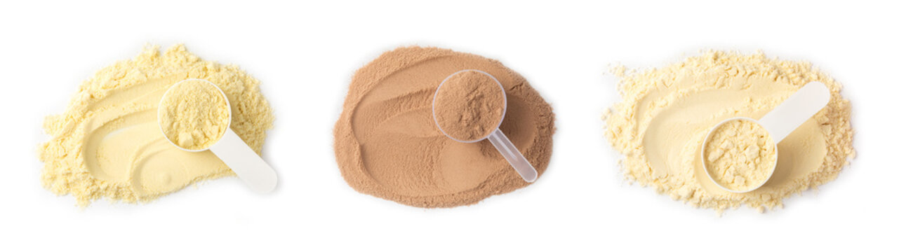 Protein powder. A scoop of protein powder isolated on a white background. Different flavors of whey protein powder. Sports nutrition concept. Gym. Amino acid food supplement, creatine powder. 