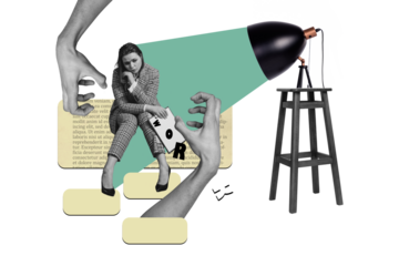 Composite photo collage of upset tired businesswoman sit boss hands work pressure intensity lamp ray load isolated on painted background