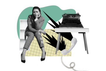 Composite photo collage of upset tired businesswoman sit telephone call typewriter multitask work exhaustion isolated on painted background