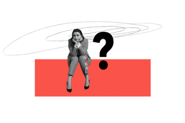 Composite photo collage of minded girl wear plaid suit question mark decision hesitation brainstorm isolated on painted background