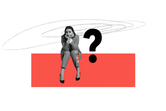 Composite photo collage of minded girl wear plaid suit question mark decision hesitation brainstorm isolated on painted background - Powered by Adobe