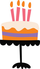 Colorful birthday cake with candles on stand, festive dessert illustration, celebration party design, sweet bakery food, happy occasion decoration.