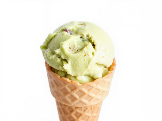 A scoop of vibrant pistachio gelato in a classic waffle cone Green ice cream in a waffle cone on white background  