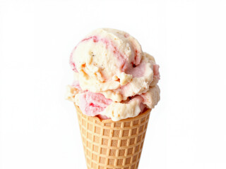 A pristine scoop of fior di latte gelato in a crisp wafer cone Ice cream cone with swirls of pink and white flavor on white background  