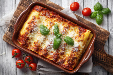 Cannelloni with meat, tomato sauce and cheese