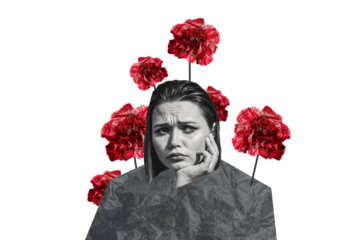 Creative collage picture young sad depressed woman red flowers blossom mental disorder psychology therapy session drawing background