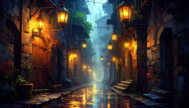 A narrow, lit alleyway,  wet stones, warm light,  ancient buildings