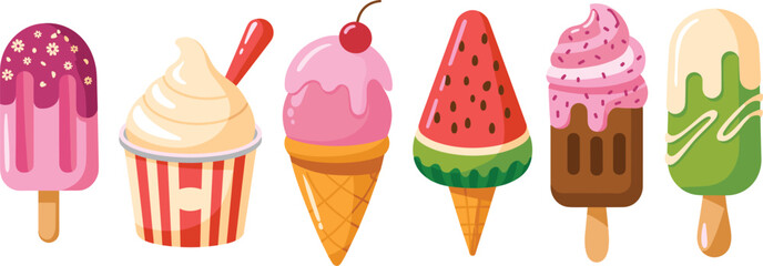 Colorful ice cream collection, cartoon popsicles and cones illustration, summer frozen dessert, sweet creamy treats for kids, fun food art