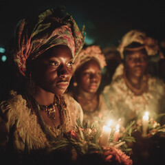 Participants engage in a vibrant Haitian vodou ceremony, holding candles and honoring their spirits Generative AI