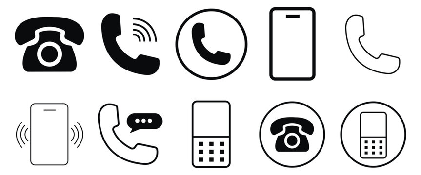 "Phone Icons Collection &ndash; Contact, Call, and Cell Phone Pictograms on White Backgroun