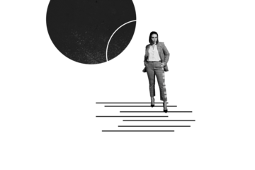 Composite photo collage of serious businesswoman stand wear formal plaid suit development ladder success isolated on painted background