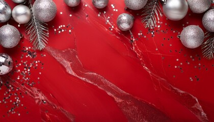 Christmas festive background. Top view of silver ball decorations and silver glitters on red marble background with copy space.Generated image