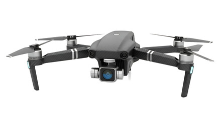Professional dark grey carbon fiber drone with camera, isolated on a black background, showcasing modern technology and design for aerial photography.