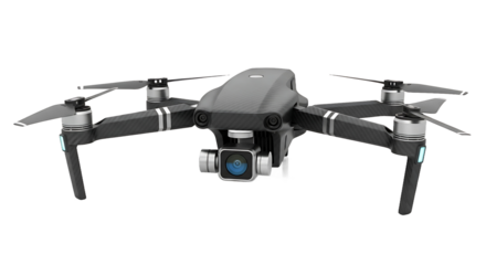 Professional dark grey carbon fiber drone with camera, isolated on a black background, showcasing modern technology and design for aerial photography.