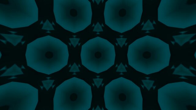 Luminous geometric kaleidoscope with a six-sided mirror system, generating a flowing animation of neon patterns for scientific visualizations and educational content