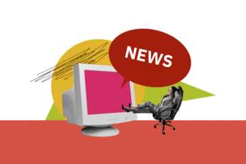 Composite trend artwork sketch image photo collage of speech cloud fake news misleading computer display young woman sit office armchair