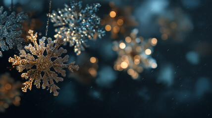 Fototapeta premium Golden lights twinkle among delicate snowflakes, capturing the beauty of winter's embrace Generative AI