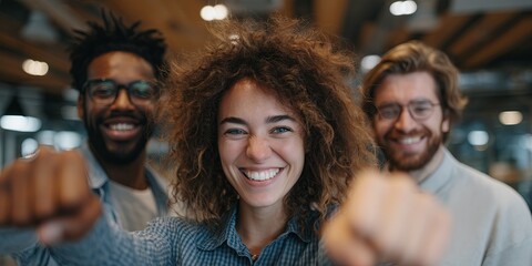 Obraz premium Group of diverse individuals celebrating success with joyful expressions, showcasing teamwork and camaraderie in a modern office environment, embodying positivity and motivation