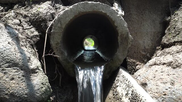 4K Clean Water Gushing Out of Concrete Pipe