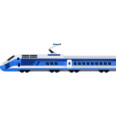 Fototapeta premium Modern High Speed Electric Train With Blue and White Exterior Traveling On Transparent Background