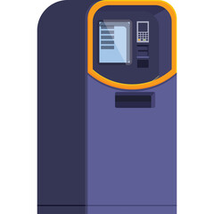 Modern purple and orange automated kiosk with digital screen and card reader on a transparent background