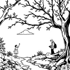 Minimalist illustration of two people in a forest with trees, a stream, rocks, and a cloud in a black and white style vector