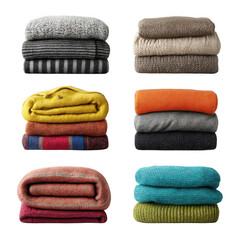 Obraz premium Cozy comfort six stacks of folded textiles soft throws blankets home decor fabric swatches isolated on transparent background