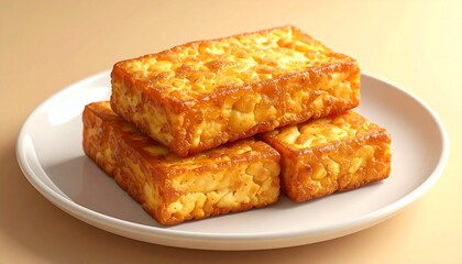 Golden-baked savory cornmeal fritters or crispy polenta squares, perfectly stacked on a pristine white plate, offering a comforting and delicious culinary experience, ready to be enjoyed