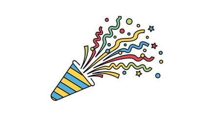 colorful, flat-line icon of a party popper exploding. Confetti, streamers, and stars burst out, symbolizing a lively celebration, birthday, or New Year's event