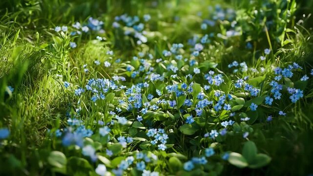 Expansive field of vibrant blue forget-me-not flowers blooming in lush green grass under a soft, diffused light, peaceful natural scene.