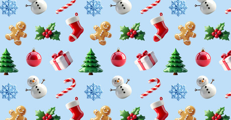 Naklejka premium Winter holiday, New Year, Christmas concept, elements snowflake, Christmas tree, ball, snowman, holly berry, gingerbread man, caramel cane, gift box on blue background. 3d rendering. Banner, header