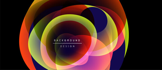 Obraz premium Abstract colorful layers create dynamic circular design. Vivid gradients blend, forming modern background element. Smooth transitions, bright hues.