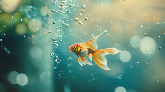 Antique aquarium with goldfish in foggy study, bubbles rising, water reflections on walls