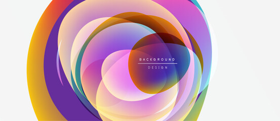 Abstract colorful layers create dynamic circular design. Gradient hues blend, forming modern background element. Text reads background design.
