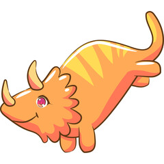 Orange Triceratops Dinosaur Cartoon Illustration On Transparent Background With Pink Eyes And Yellow Stripes On Body