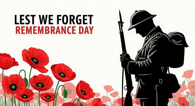 Remembrance Day Soldier Silhouette With Poppies Lest We Forget Message image photo