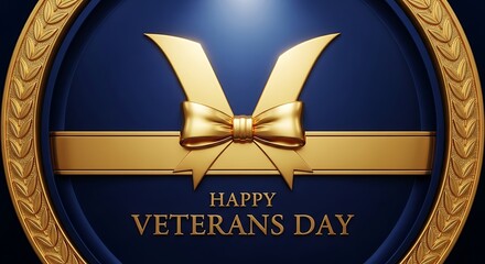 Golden Ribbon and Bow on Dark Blue Background with Happy Veterans Day Text thank you veterans honor