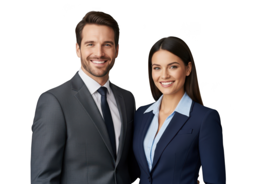 Smiling professional business man and woman in suits isolated on transparent background