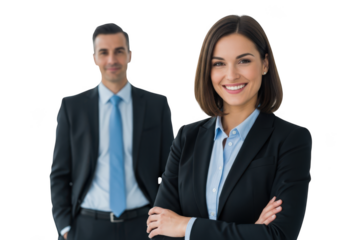 Smiling businesswoman and businessman in suits isolated on transparent background